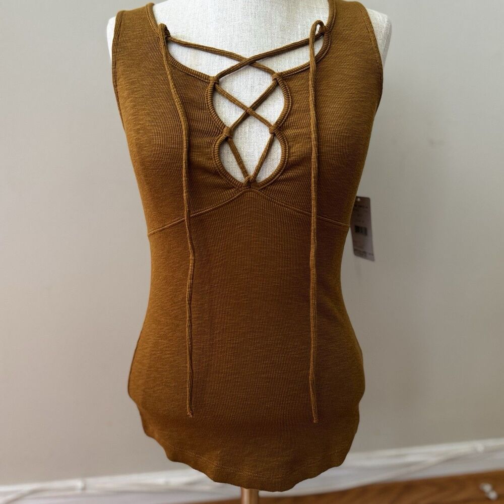 Free People Women’s Emmy Lou Lace Up Ribbed Sleeveless Tank Top Gold Size XS NWT